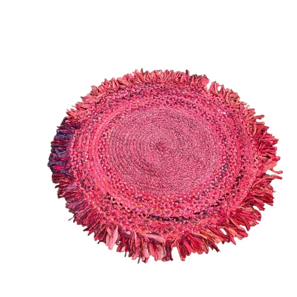 NWOT Handmade Braided Multi Color Block‎ Rag Rug With Fringe Round Rug, - Picture 3 of 12